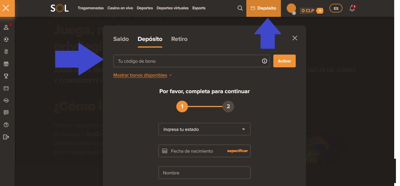Botón de depósito en Fresh Casino