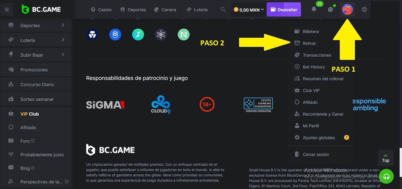 Retiro de fondos en BC Game
