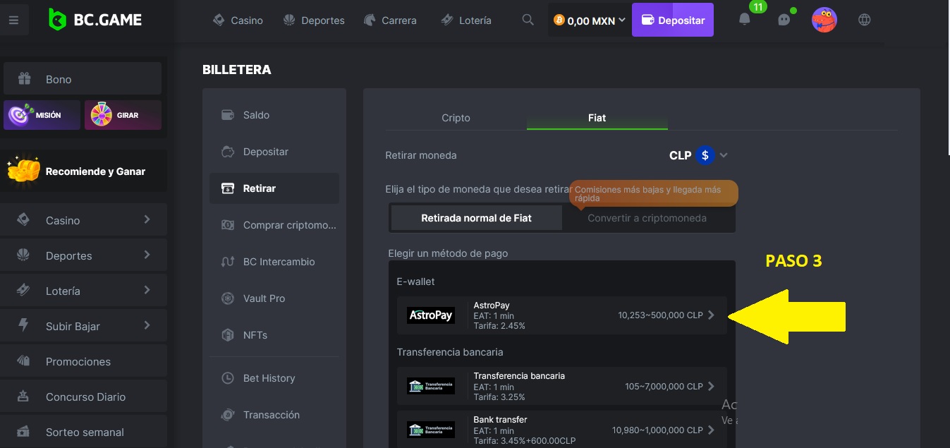 Métodos de retiro en BC Game