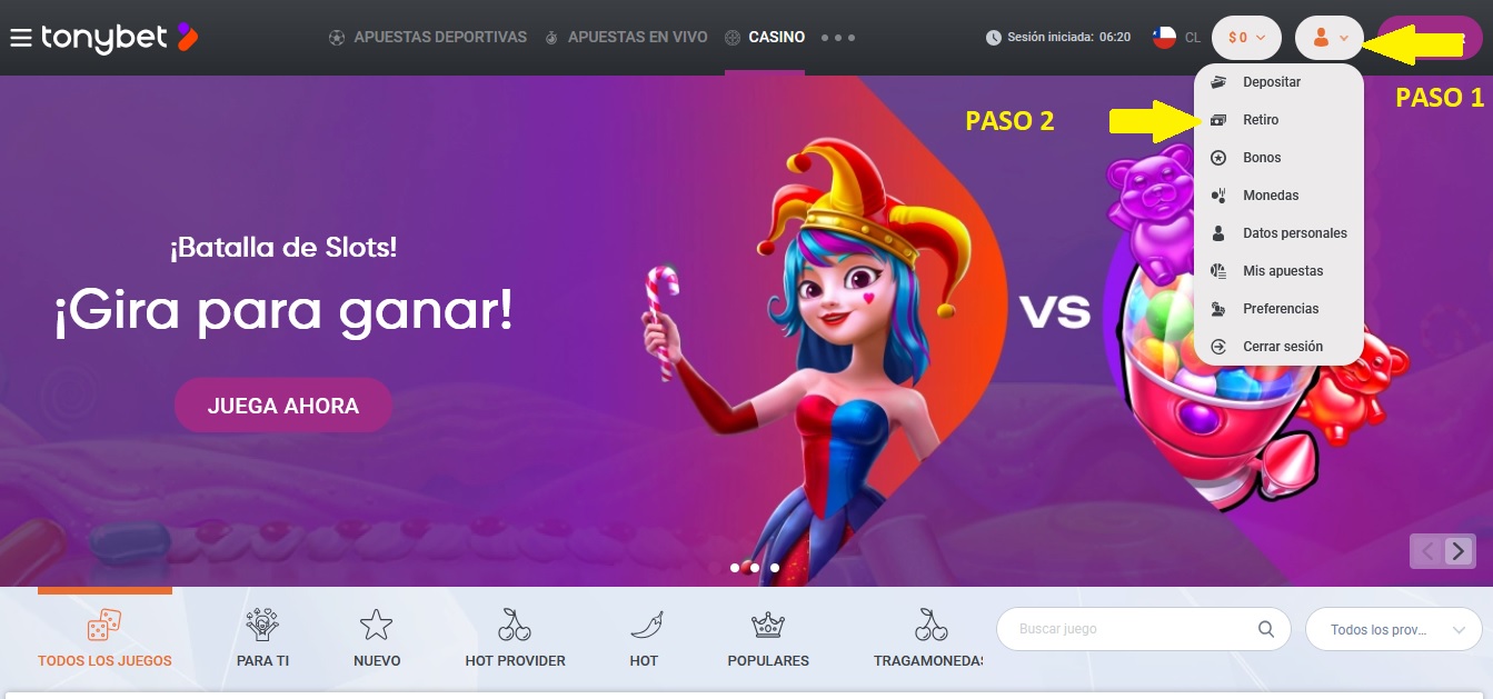 retiro de fondos en TonyBet casino Chile