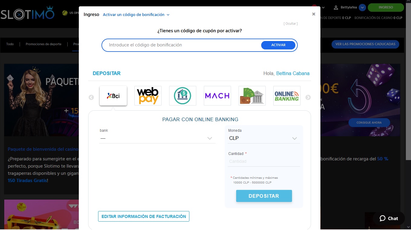 formulario de deposito en Slotimo Casino