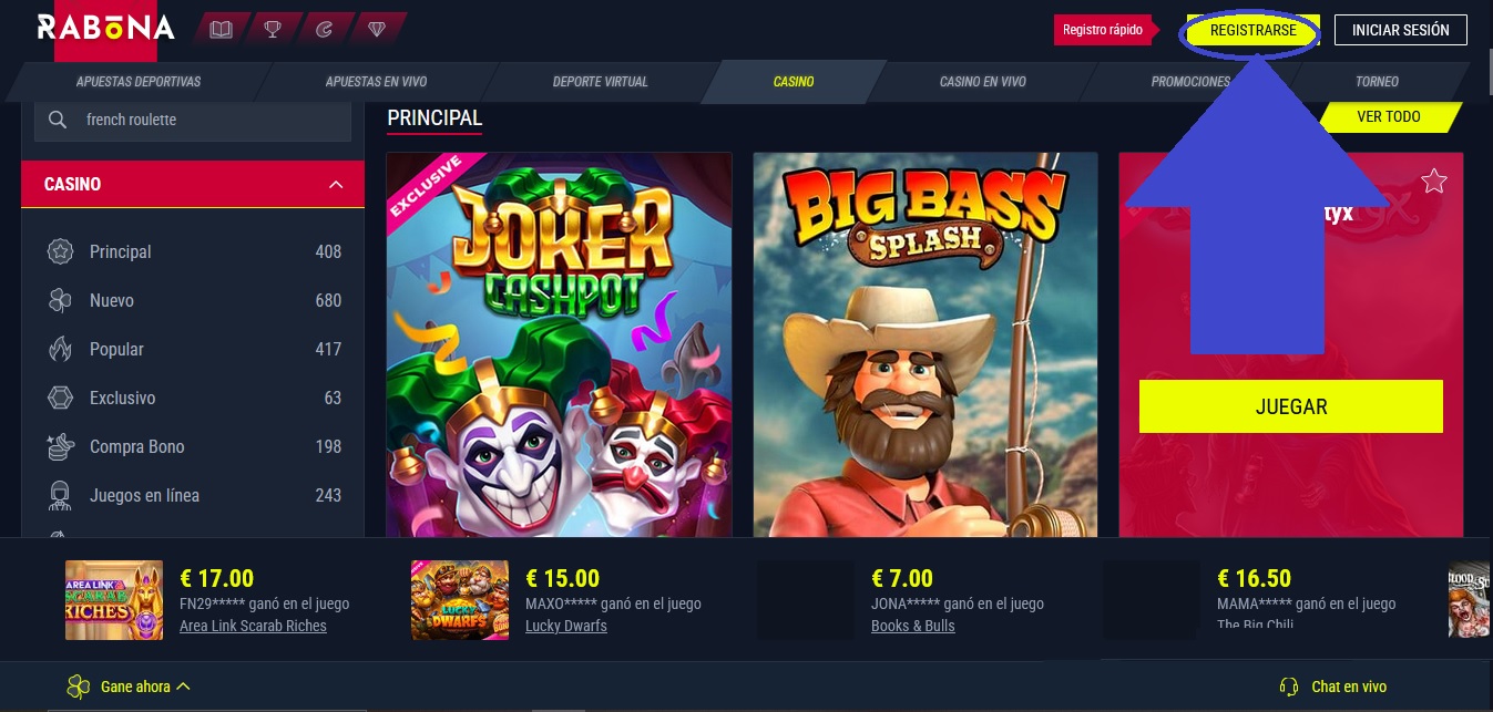 botón de registro en Rabona Casino ruleta francesa
