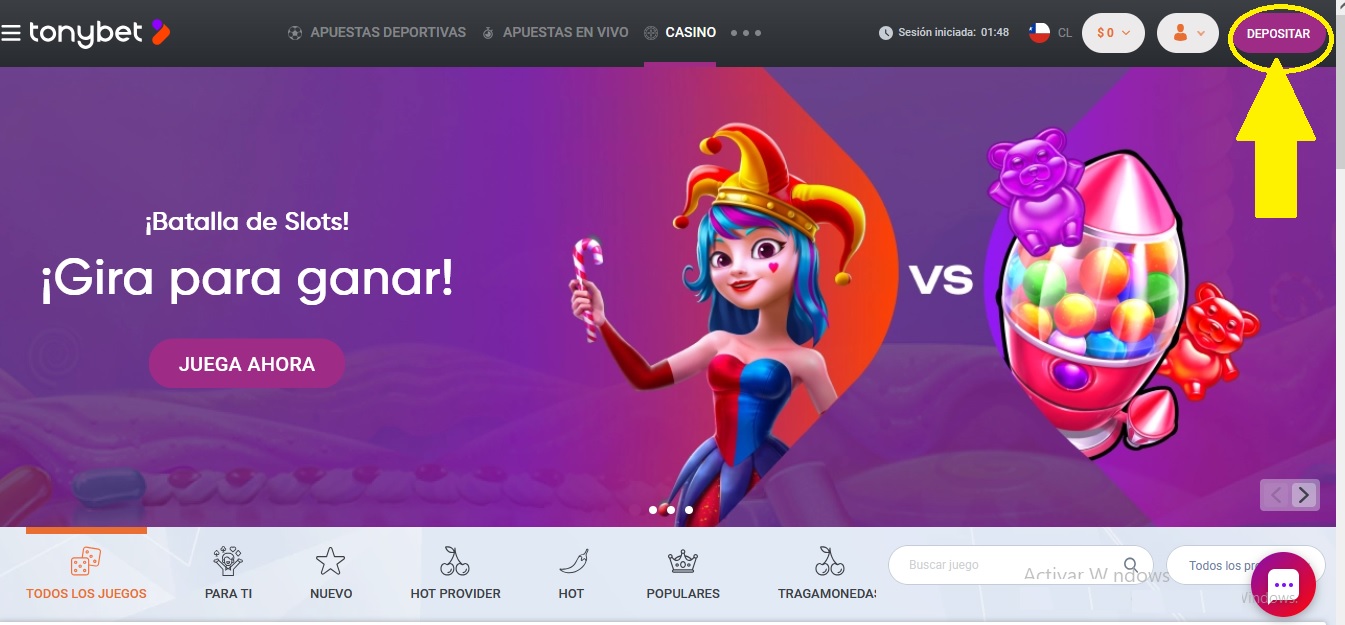 Botón de depósito en TonyBet Chile