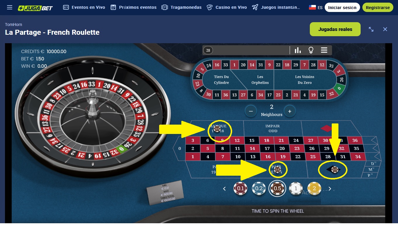 Ejemplo de apuestas externas en ruleta Francesa de JugaBet