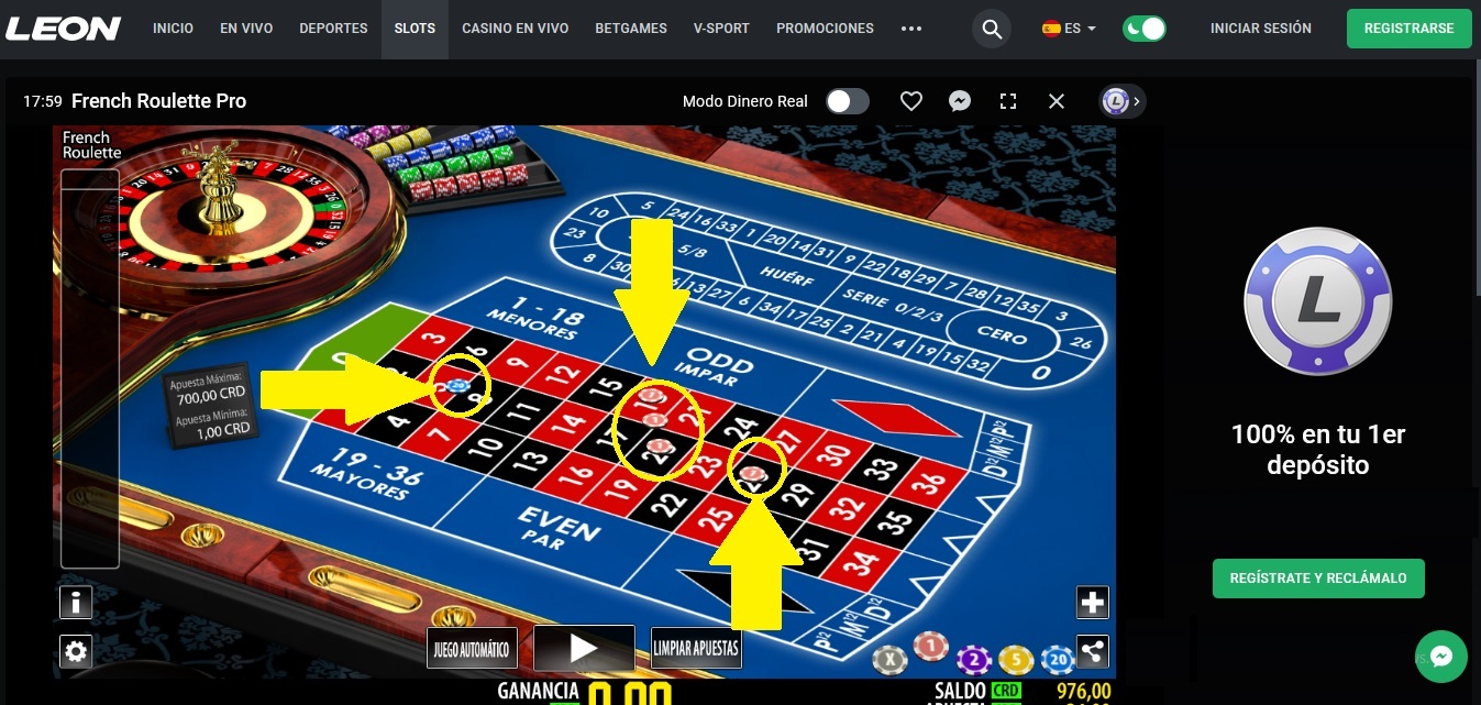 ruleta francesa en Leon Bet apuestas internas