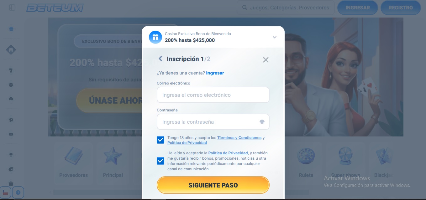 Formulario de Registro en Casino Beteum
