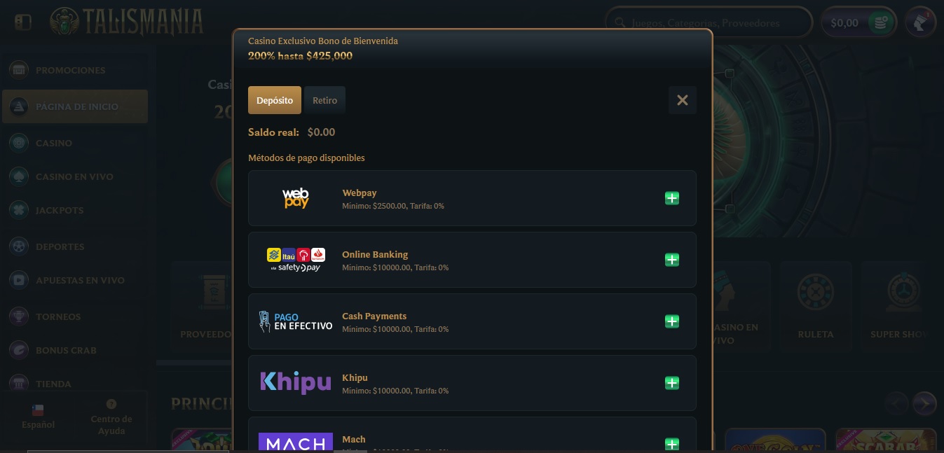 Métodos de depósito en Talismania