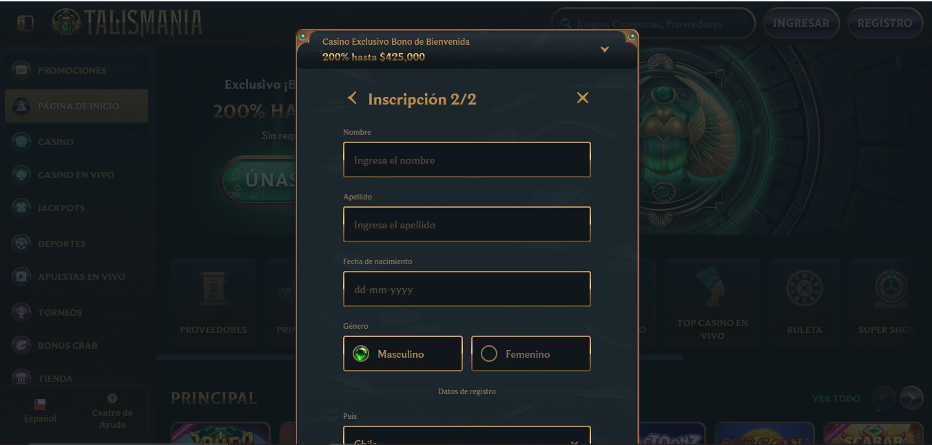 Paso 2 del registro en Talismania