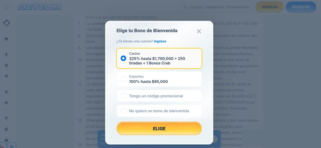 Selección de bono en Beteum