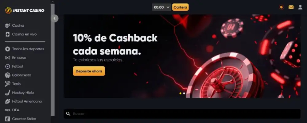 Página principal de Instant Casino