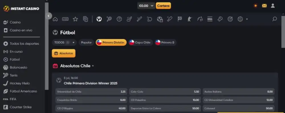 Menú de apuestas deportivas