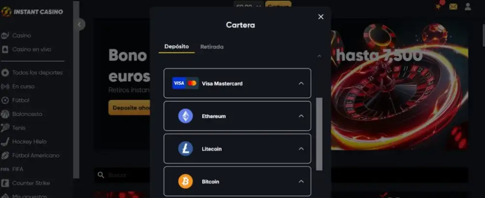 Métodos de pago en Instant Casino
