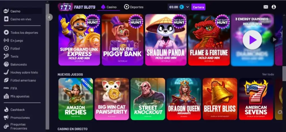 FastSlots: menú de casino