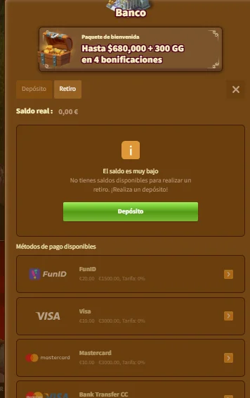 métodos de retiro en MyEmpire Casino