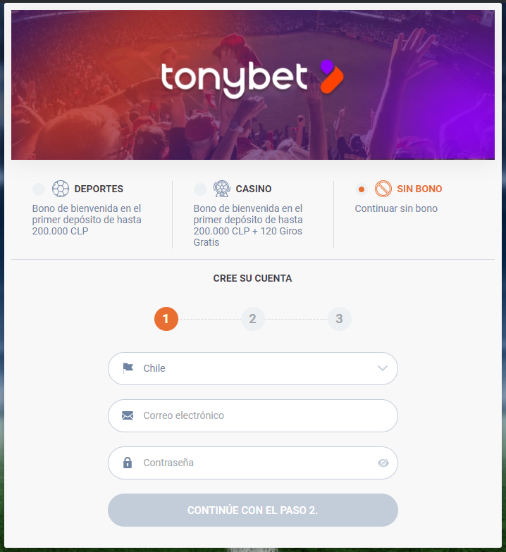 Este es el formulario para abrir tu cuenta en TonyBet Chile