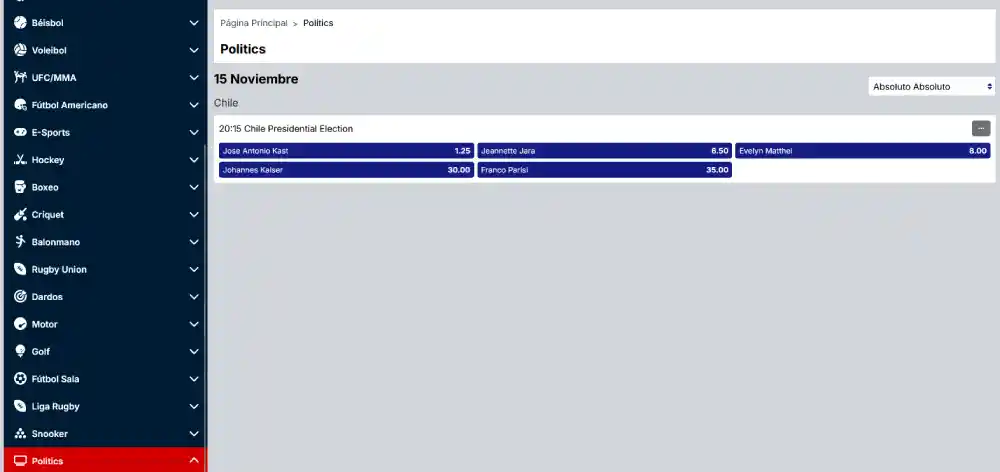 apuestas elecciones presidenciales chile