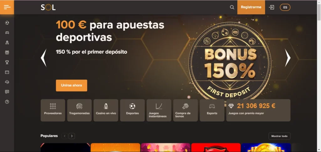 Ejemplo de bono de bienvenida en Sol Casino