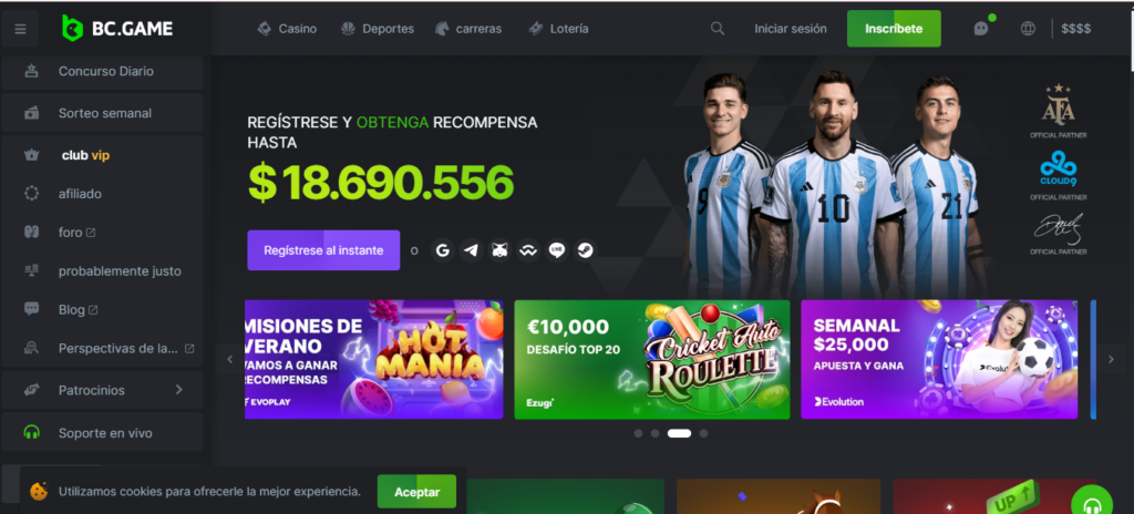 página de inicio de bc.game casino con VR