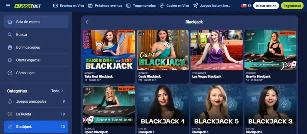 apartado de jugabet donde podemos ver blackjack americano