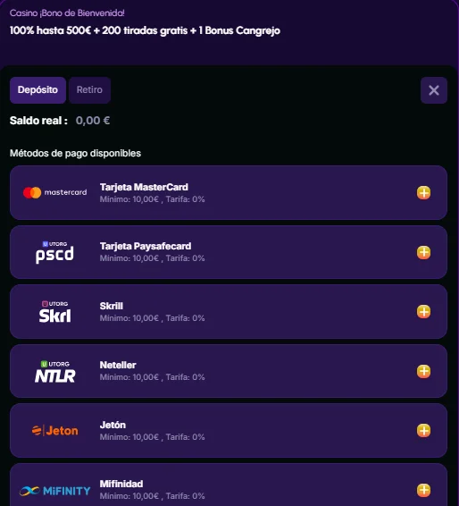 Métodos de depósito en Novajackpot