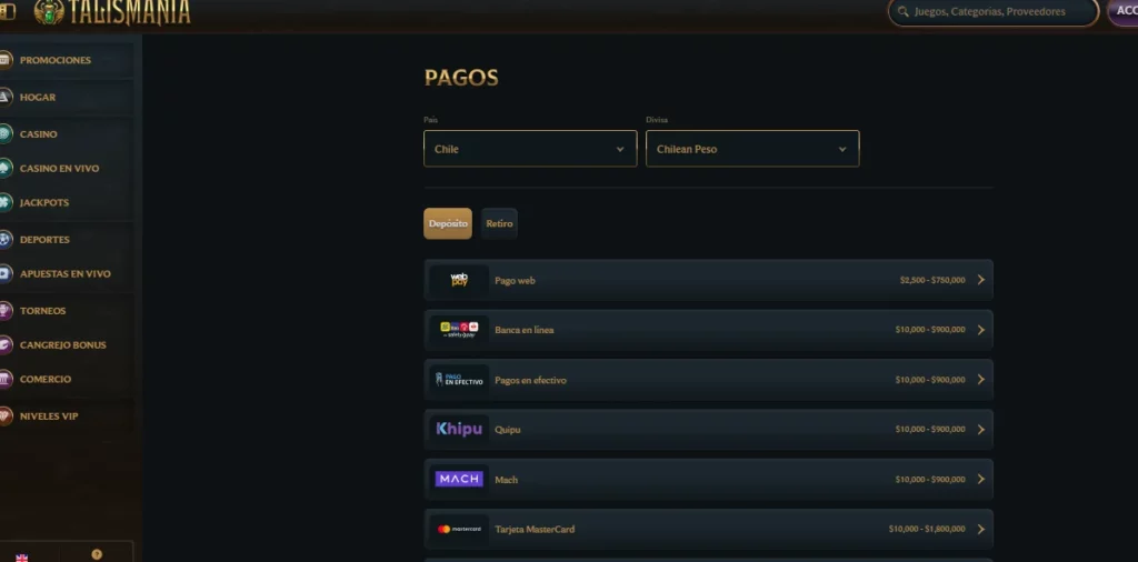 Puedes escoger uno de los métodos de depósito que te ofrece Talismania
