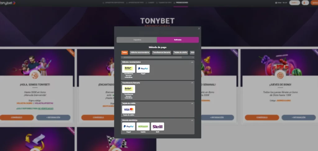 métodos de retiro en Tonybet