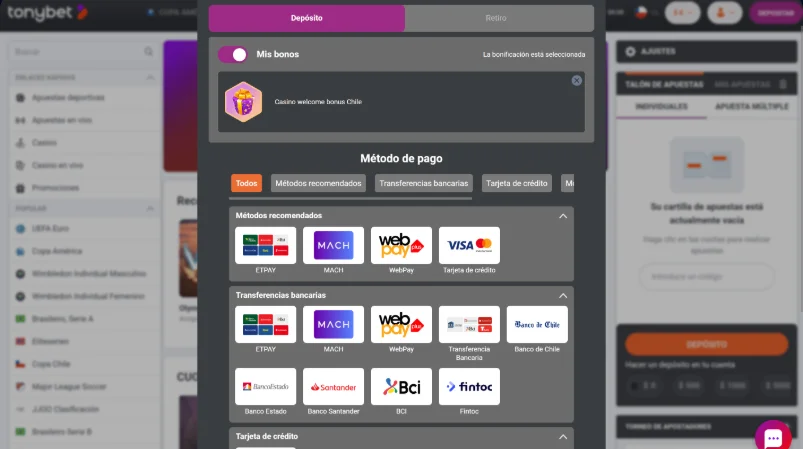 Métodos de pago disponibles en Tonybet Chile