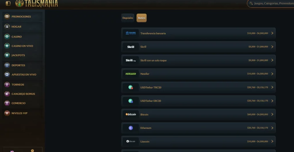 Métodos de retiro en Talismania