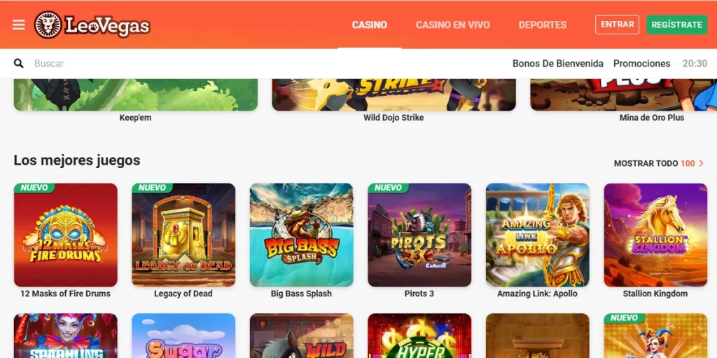 página de inicio con juegos de casino en LeoVegas