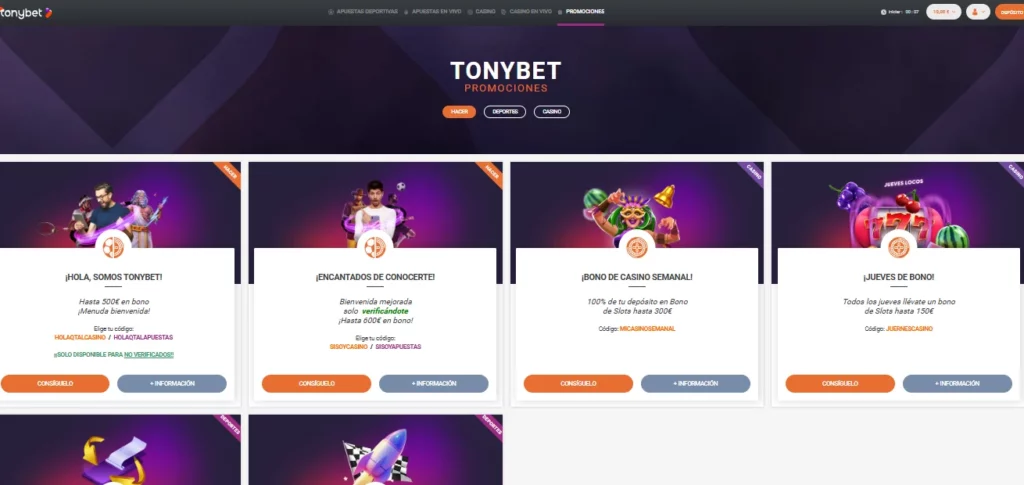 Promociones disponibles en Tonybet