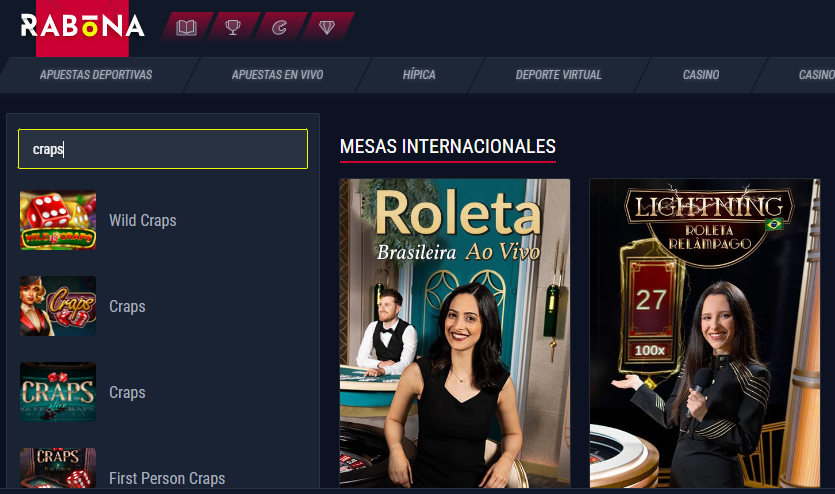 Oferta de juegos de craps en Rabona
