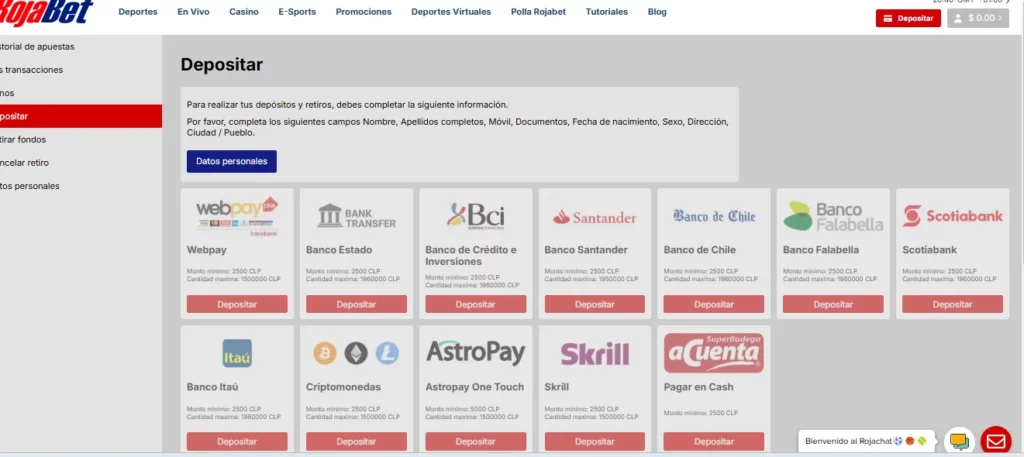 Realizar un depósito con un método de pago en Rojabet
