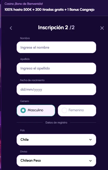 página de registro en Novajackpot