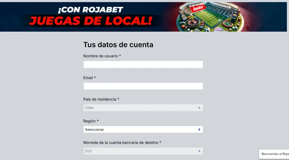 Página de registro en Rojabet
