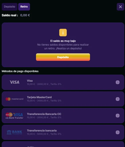 Métodos de retiro en NovaJackpot