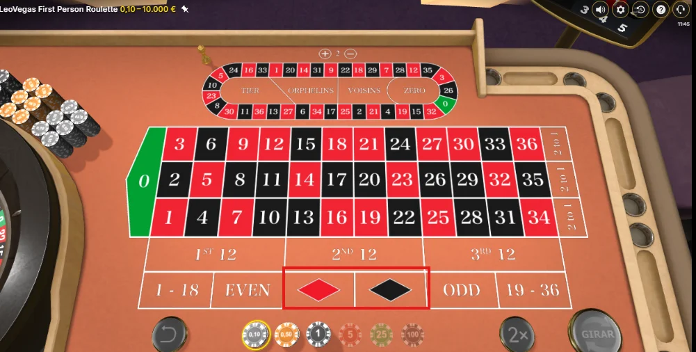 Apuesta al rojo o al negro en la ruleta europea