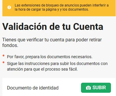 Información de validación de la cuenta en LeoVegas